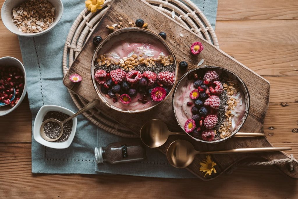 https://www.pexels.com/photo/photo-of-fruits-and-smoothie-on-a-bowl-4099238/