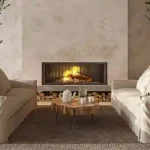 Warm Scandinavisch interieur met open haard en lichte banken